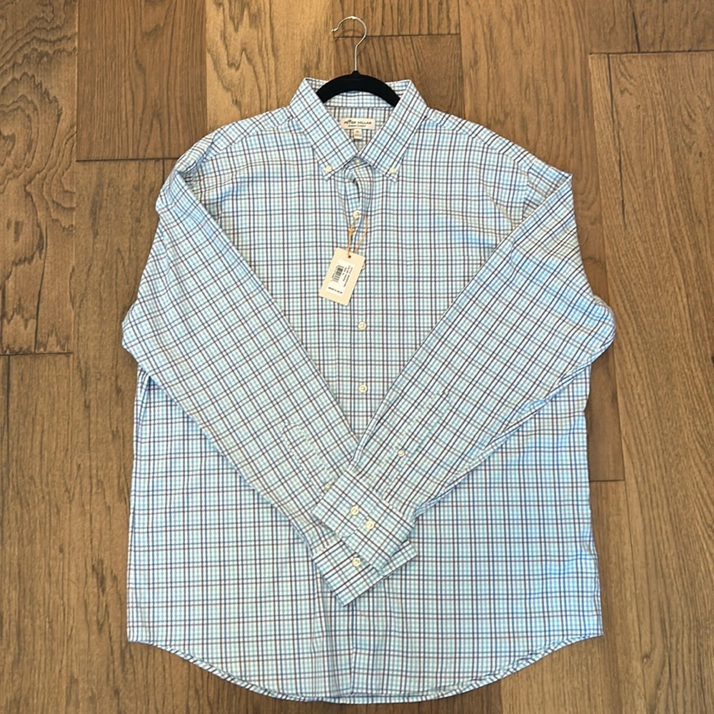 NWT Men’s XL Peter Millar Crown Sport Blue and Purple Plaid Long-Sleeve Shirt